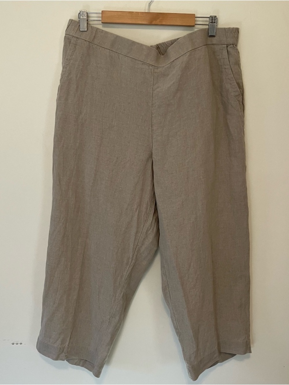 Women’s Charter Club XL 100% Linen Pull-On Cropped Pants Khaki Tan Wide Leg